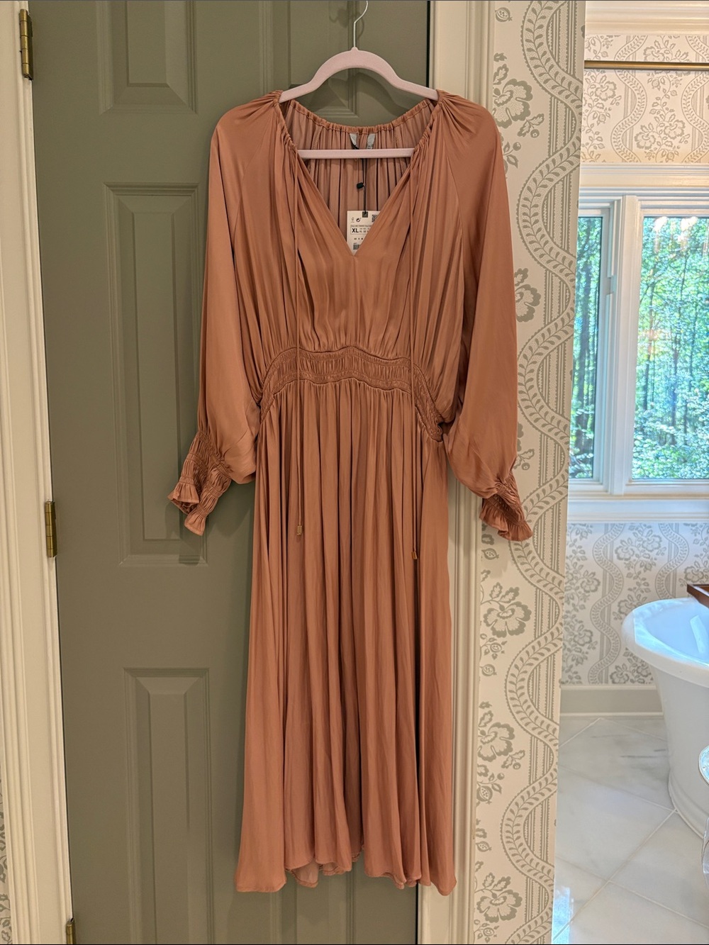 Zara Long Sleeve V-Neck Maxi Dress in Terracotta Brown